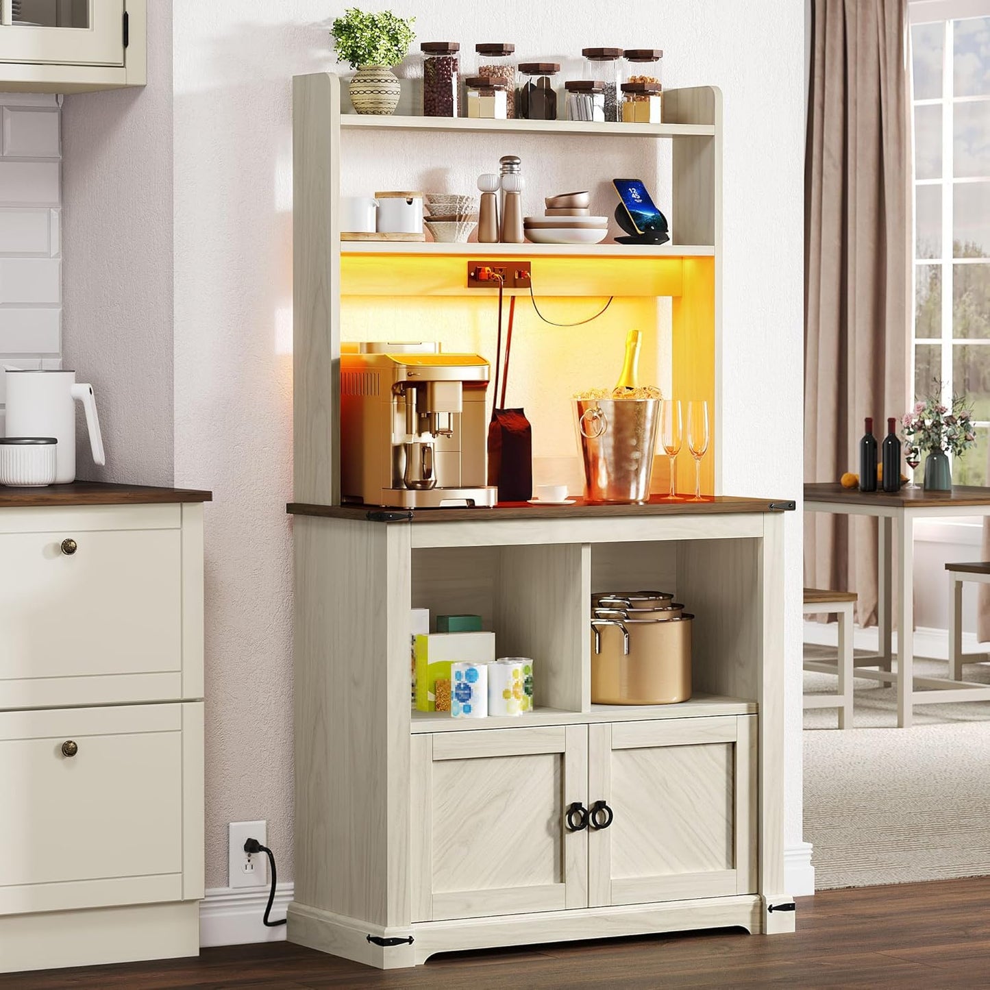 YITAHOME Bakers Rack Cabinet, Microwave Stand with Power Outlet & RGB LED Lights, Farmhouse Coffee Bar Station with Storage, 5-Tier Kitchen Pantry Hutch for Dining Living Room,White Walnut Grain
