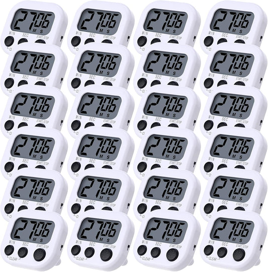 Leumoi 24 Pcs Digital Kitchen Timers Magnetic Back Timers Bulk Large Screen Loud Alarm On/Off Switch Minute Second Count up Countdown Memory Setting for Cooking Classroom Exercise (White and Black)