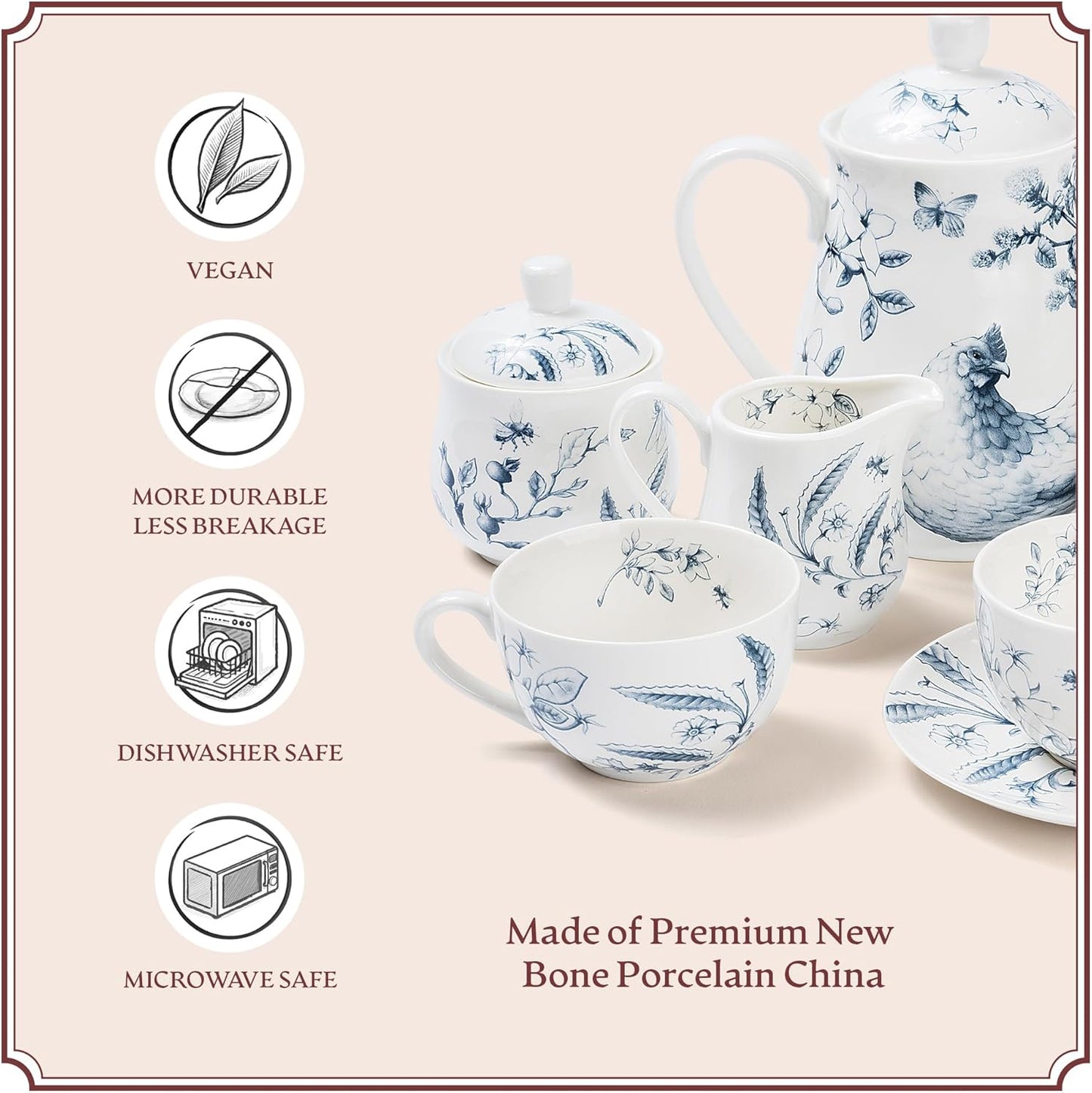 11-Piece Blue & White Collectible Chicken Floral Pattern Tea Set with Giftbox