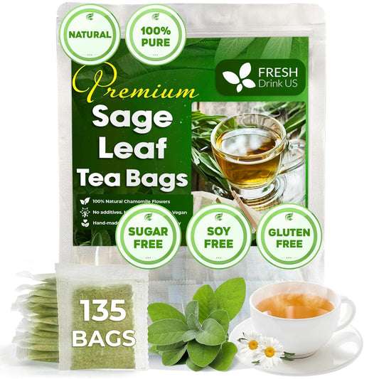FreshDrinkUS Premium 135 Sage Leaf Tea Bags, 100% Natural & Pure. Loose Leaf Sage Herbal Tea. Made with Natural Material Tea Bags. No Sugar, No Caffeine, No Gluten, Vegan