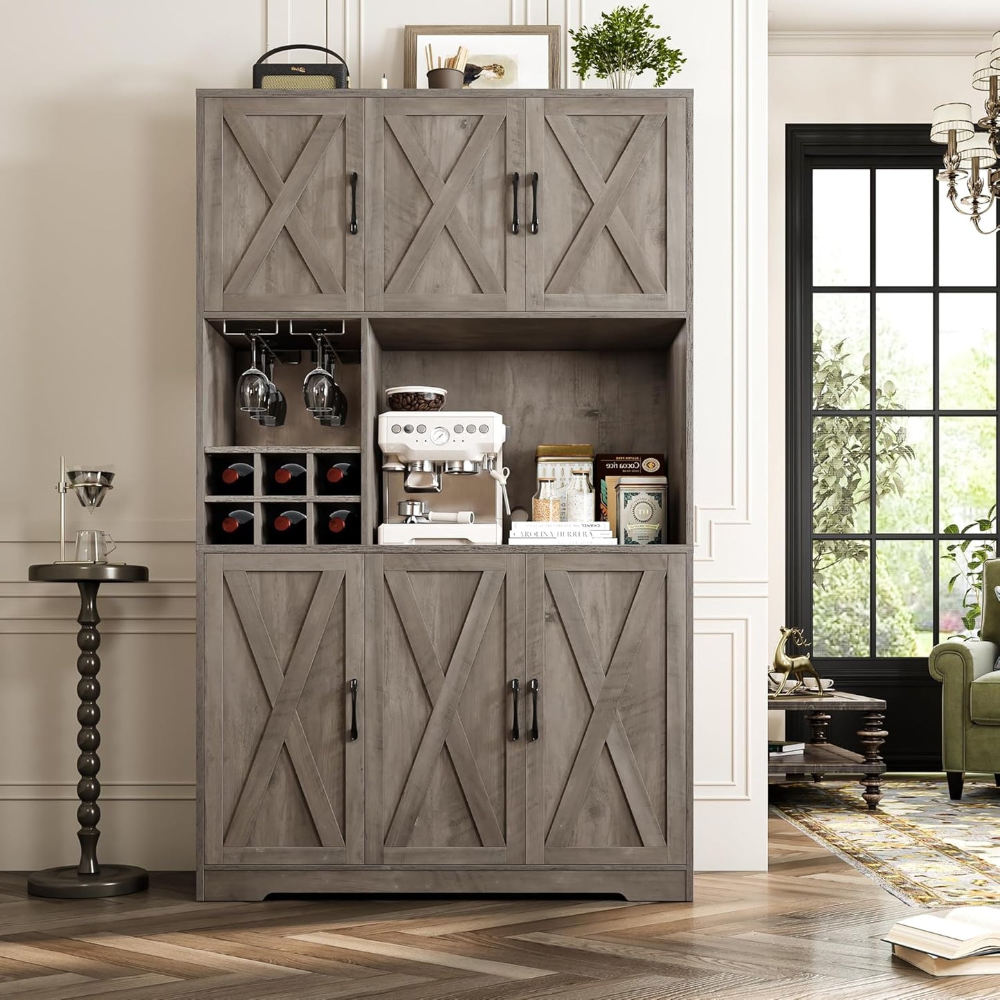 HOSTACK Kitchen Pantry Storage Cabinet, 71" Tall Food Pantry Cabinet with Microwave Stand, Farmhouse Kitchen Hutch, Coffee Bar Hutch with Wine Rack for Dining Room, Living Room, Ash Grey