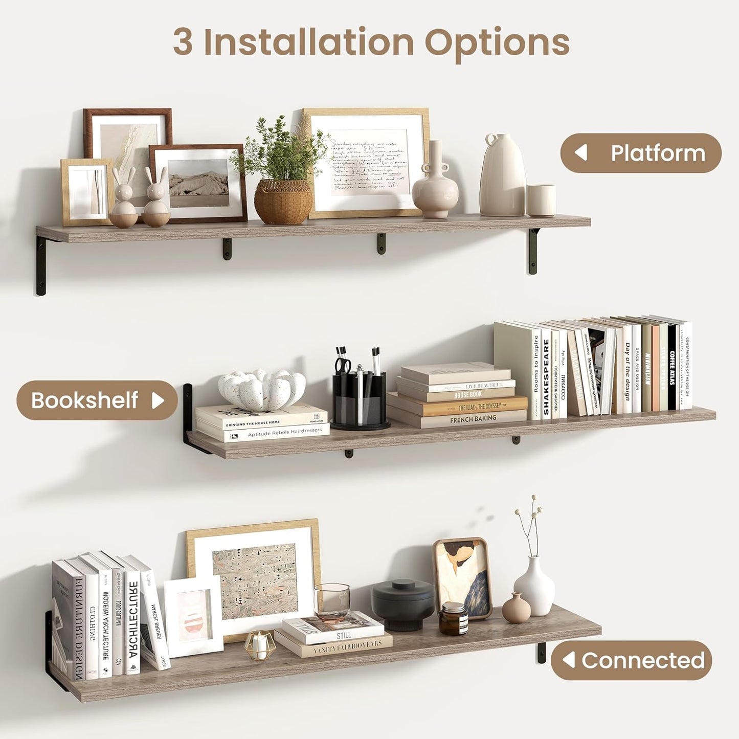 Fun Memories Deep Floating Shelves, 48W x 8D Floating Shelves Set of 2, Wall Mounted Shelf with Metal Brackets, Rustic Wood Wall Shelf for Bathroom, Kitchen and Living Room, Grey