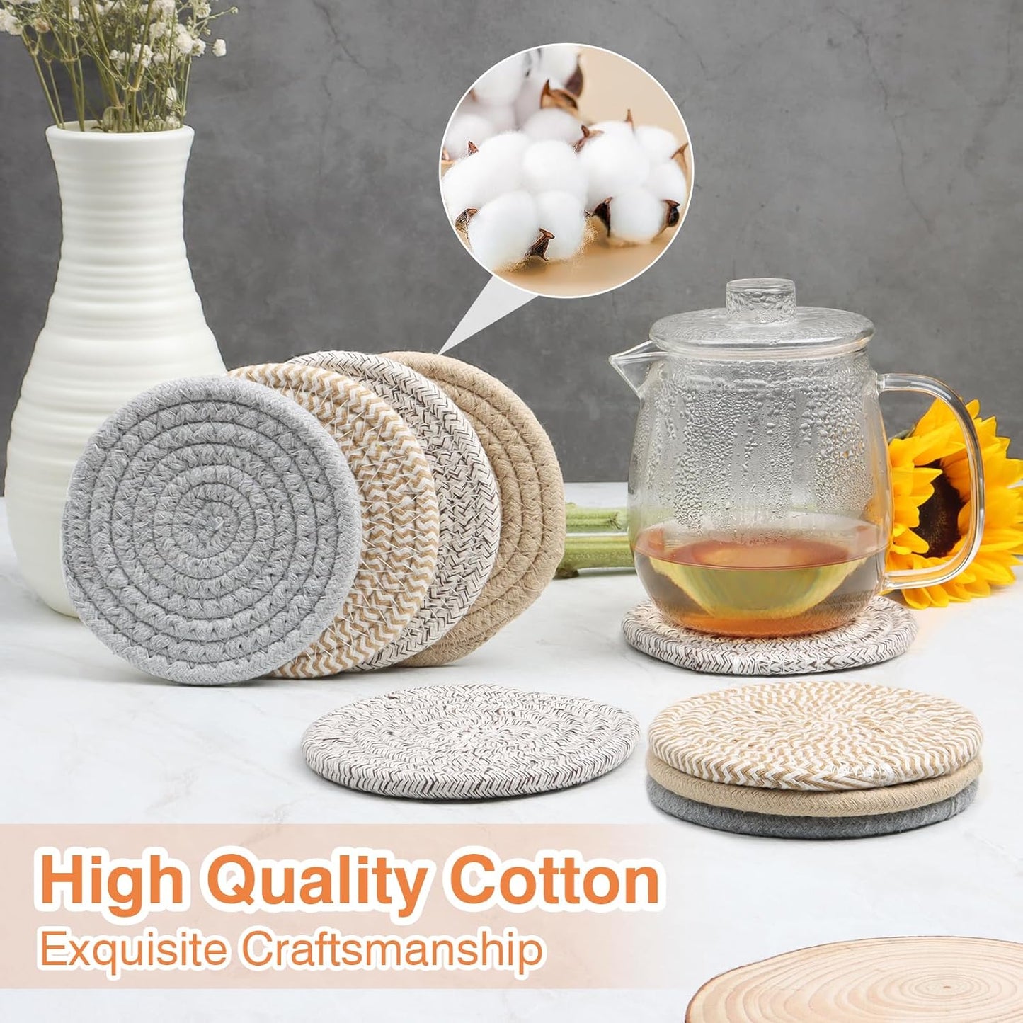 4.8" Drink Cotton Coasters Set of 2 – Boho Woven Drink Pads for Coffee & Tea, Neutral Sandstone Blend Fabric Cup Mats for Desk, Table, Nightstand, Dorm, Giftable Absorbent Coaster Set