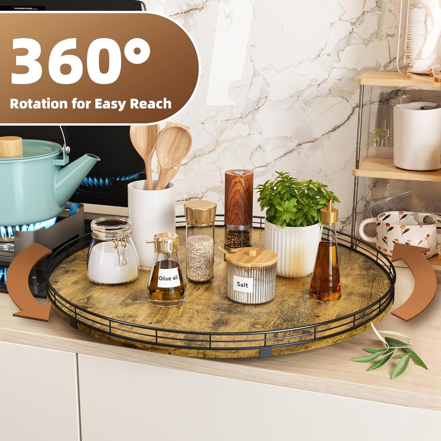 Lazy Susan Turntable Organizer for Table Top, 21’’ Round Wooden Lazy Susan for Cabinet Kitchen Countertop Pantry Dining Coffee Table for Condiments Spices, Rustic Bathroom Vanity Tray for Soap Candle