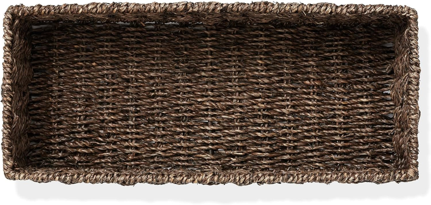 Casafield Set of 2 Bathroom Storage Baskets, Espresso - Seagrass, 16" W x 6.75" D x 4.25" H, Woven Toilet Tank Topper Bins for Organizing Tissues, Toilet Paper, Toiletries, Shelves