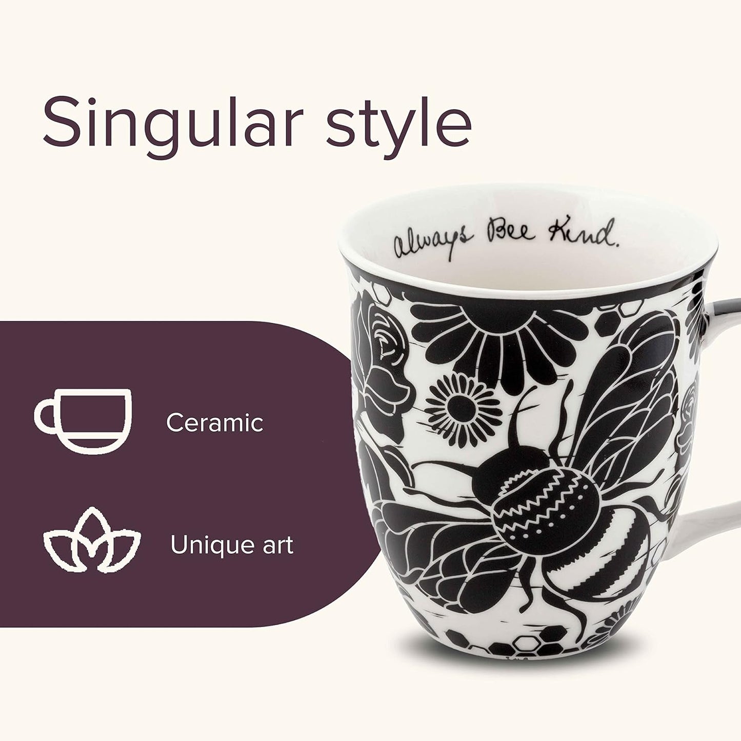Karma Gifts 16 oz Black and White Boho Mug Bee - Cute Coffee and Tea Mug - Ceramic Coffee Mugs for Women and Men, 1 Count (Pack of 1)