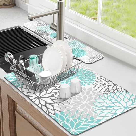 Findosom 2PCS 12" x 20" Dish Drying Mat & 24" x 5.5" Sink Splash Guard, Super Absorbent & Cuttable Dish Mat Drying Kitchen Mat with Teal Floral, Hide Stain Drying Mat for Kitchen Counter
