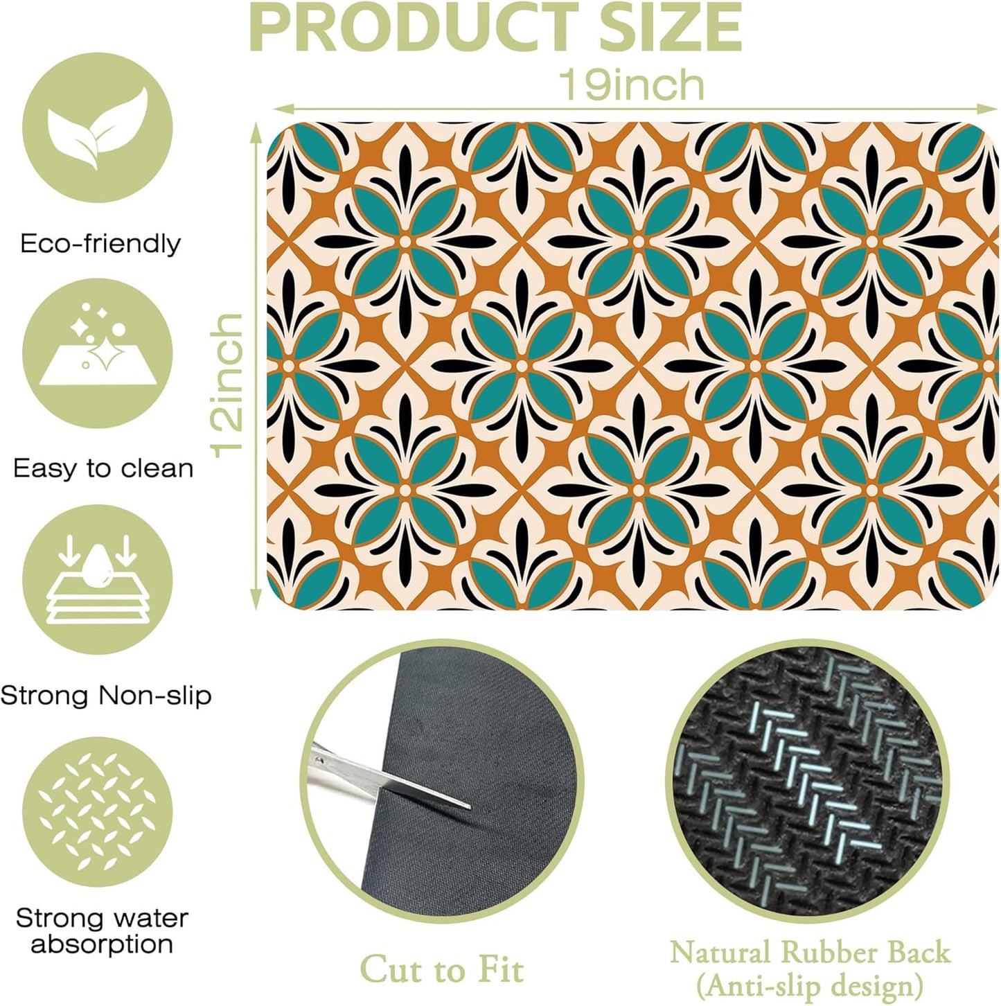 Dish Drying Mat Abstract Floral Kitchen Mat 12"x19" Bsorbent Coffee Maker Mat for Dishes,Utensils Coffee Maker Pots and Pans Easy Clean Dish Slip Resistant Pad