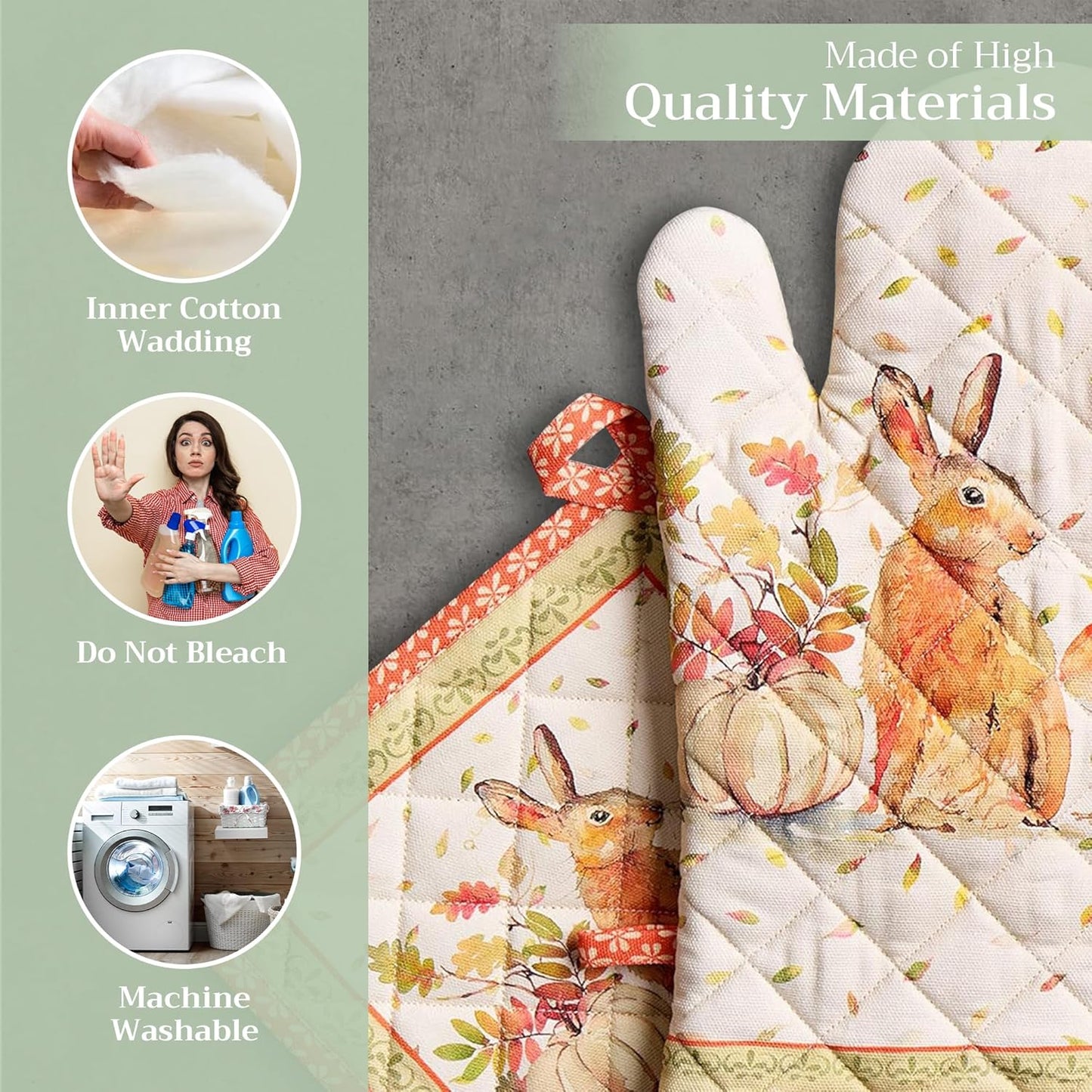 Maison d' Hermine 100% Cotton Oven Mitt & Pot Holder Set (7.5"x13" & 8"x8") Heat Resistant BBQ Cooking Gloves with Loop, Baking, Grilling, Kitchen, Handling Hot Pans (Pumpkin Passion)