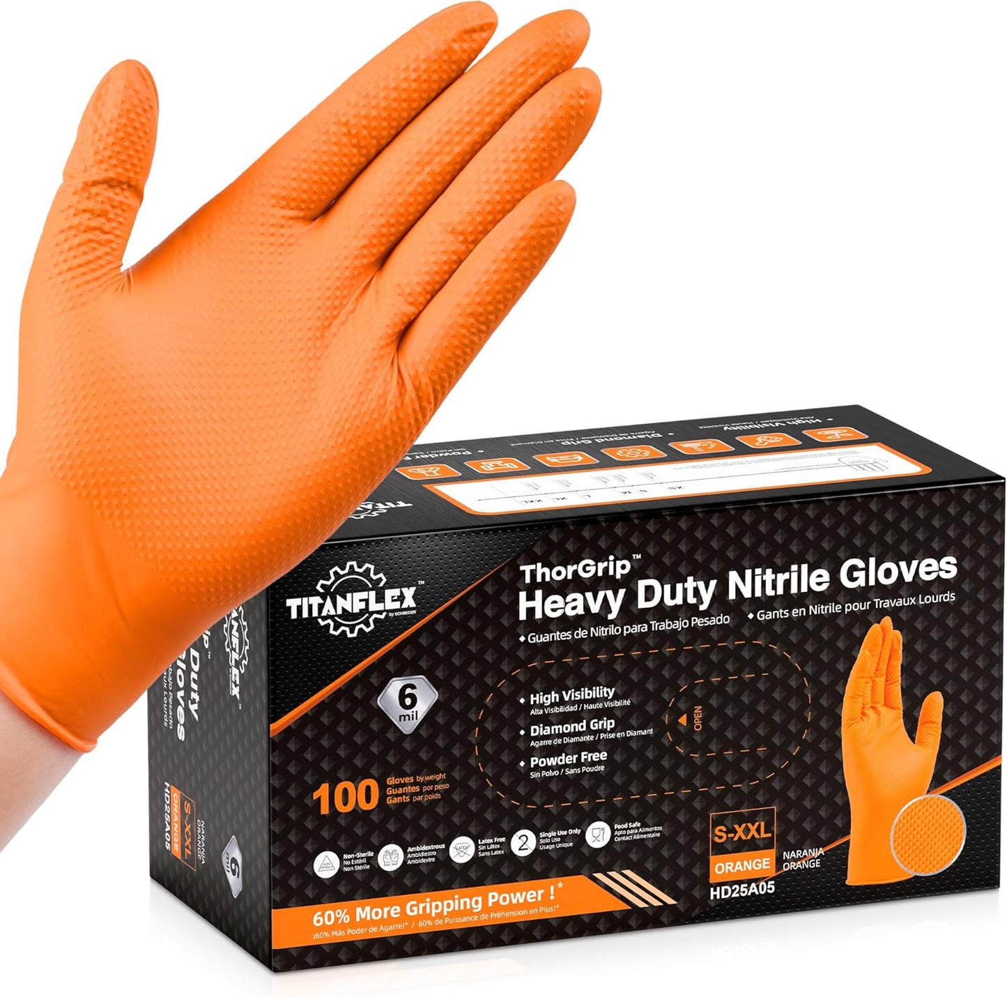 TitanFlex Heavy Duty Nitrile Gloves, 6 Mil Orange Raised Diamond Texture, Mechanic Disposable Gloves Latex Free Powder Free
