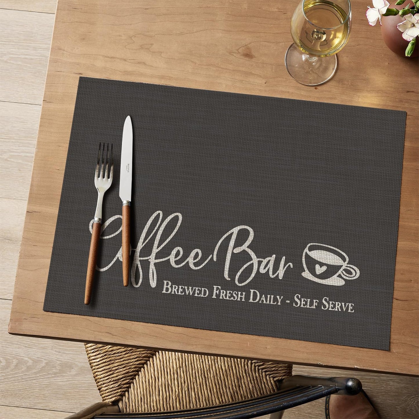 Artoid Mode Coffee Bar Mat Set of 2, Plastic Vinyl Washable Woven Non-Slip Table Mats for Coffee Machine Decor,Dark Gray