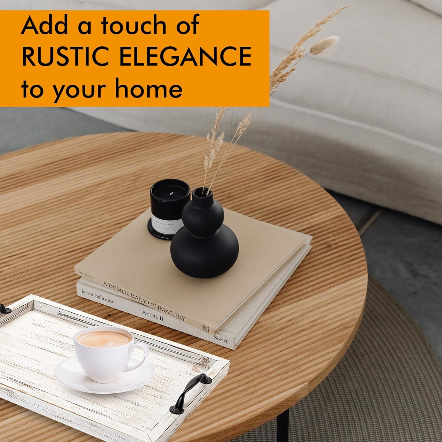 Rustic Serving Tray with Handles - 2 Nesting Trays for Serving Food - Wooden Tray for Decor, Coffee Table & Ottoman - Large Serving Tray with Distressed White Finish to Complement Any Decor