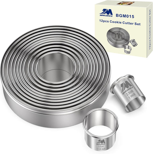 Round Cookie Biscuit Cutter Set 12 Pieces Graduated Circle Pastry Cutters 18/8 Stainless Steel Cookie Cutters1inch - 4 1/2inch Donut Cutter Ring Molds GIFT Package