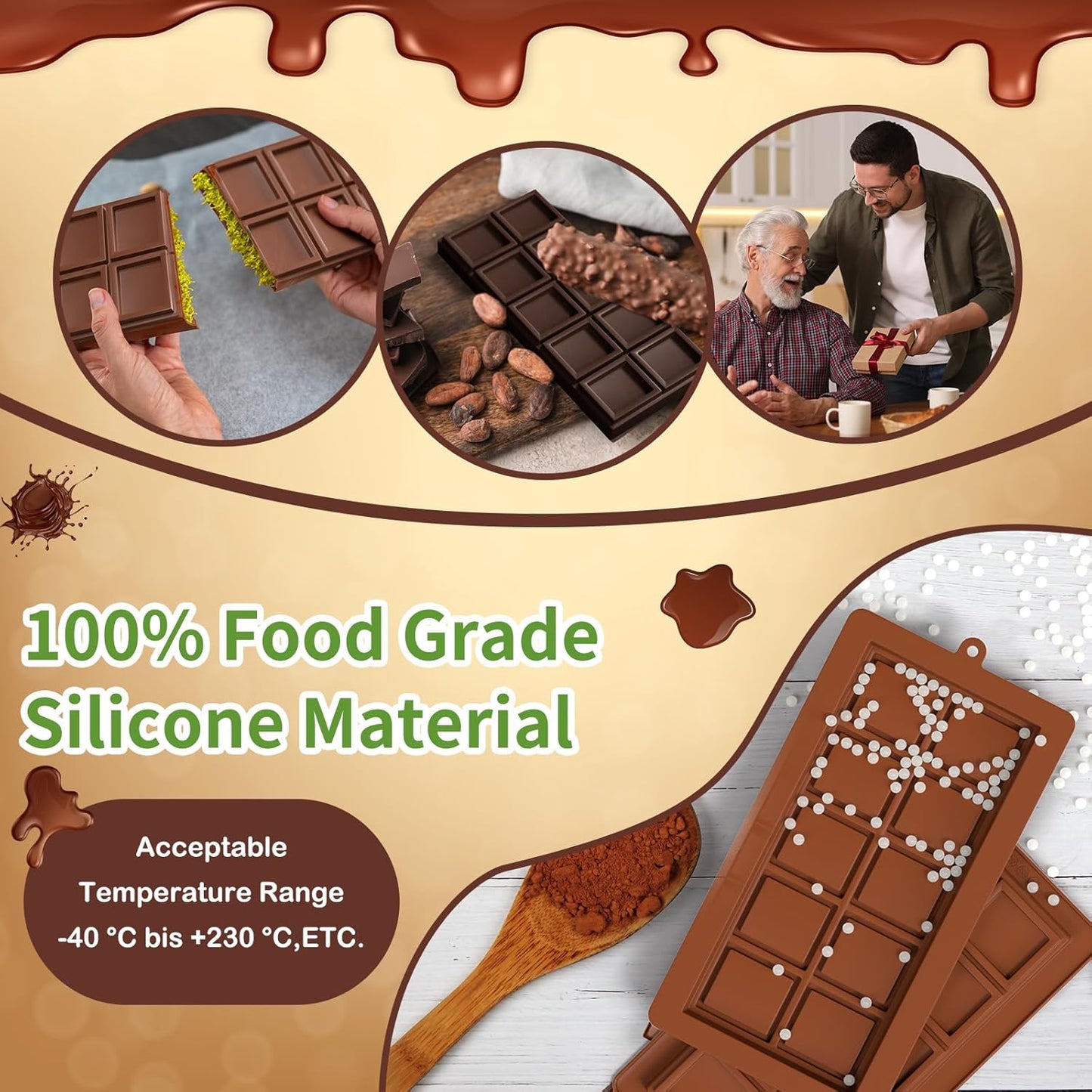 Dubai Chocolate Mold 2 Pack,0.79 Inch Deep Large and Thick Silicone Chocolate Bar Molds and scraper for Stuffed Bar,Big Chocolate Candy Bar Mold for Filling Knafeh Pistachio Kit