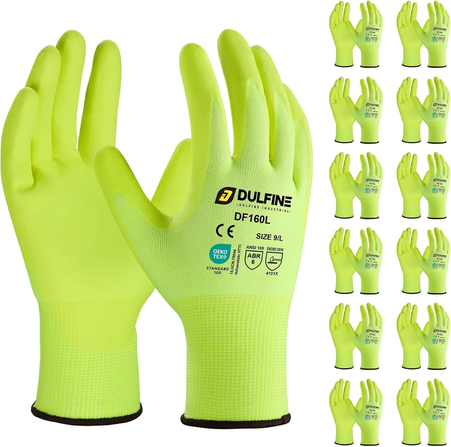 DULFINE Work Gloves for Men and Women,Hi-Vis Yellow Knit Nylon Glove with MicroFoam Nitrile Coated-12 Pairs Pack,Ideal for General Purpose,Automotive,Home Improvement,Painting(Medium)