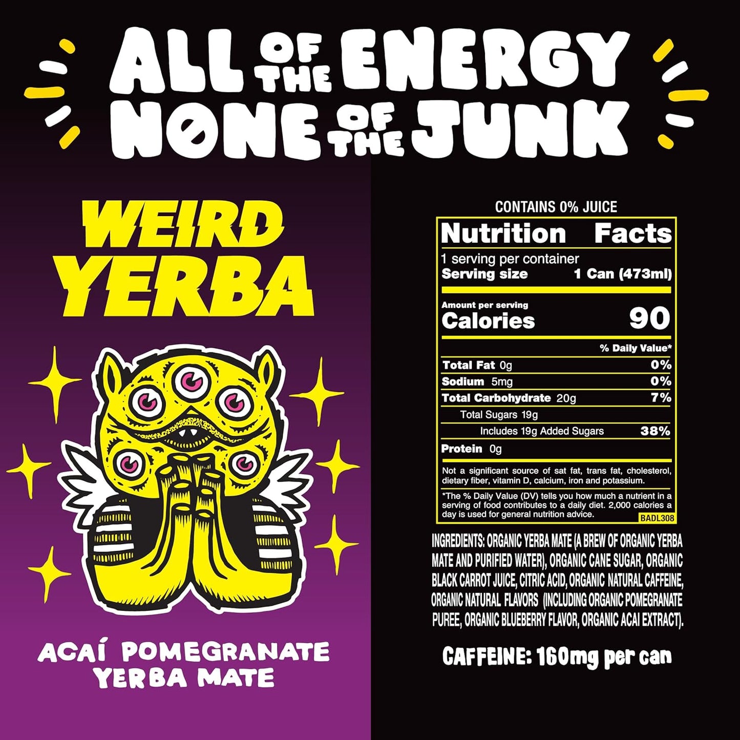 Drink Weird Organic Acai Pomegranate Yerba Mate – 16oz Cans, 160mg Organic Caffeine, Pack of 12 – Antioxidant-Rich Energy Drink Alternative