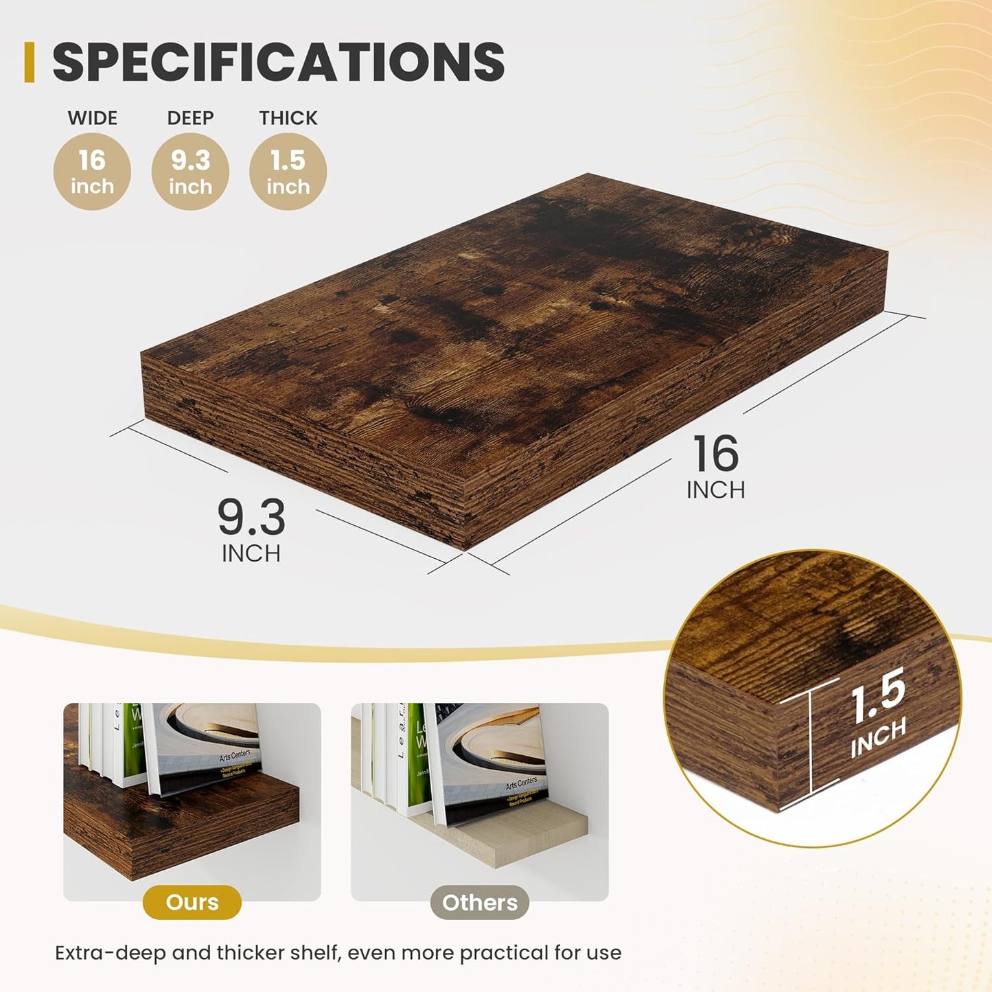 16 Inch Floating Shelves, 9.3" Deep Floating Shelf Wall Mounted, 16" Wall Shelves, Rustic Deep Bookshelf, Large Display Shelves & Storage Shelves for Bedroom, Living Room, Brown, Set of 2