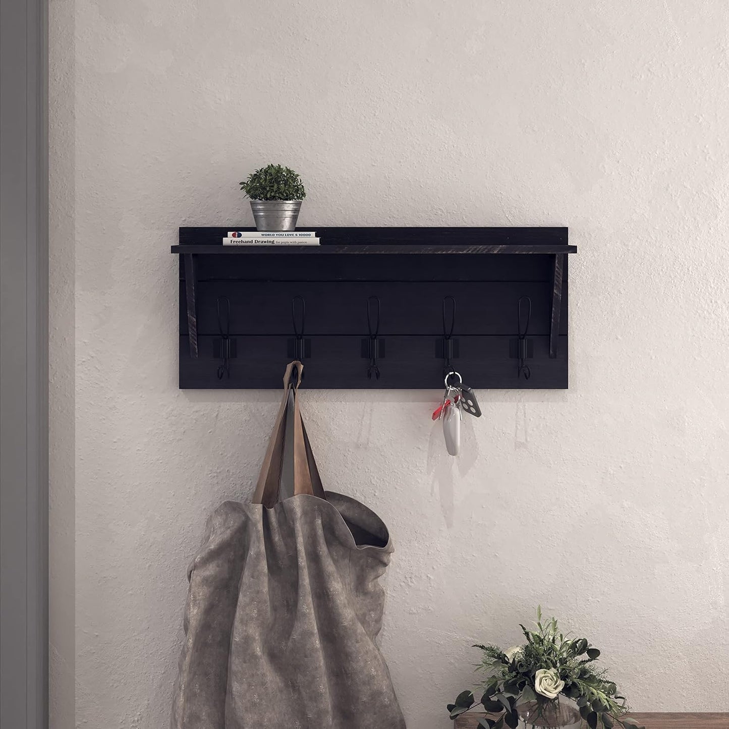HBCY Creations 24" Wall Mounted Storage Rack - Pine Wood Construction - Black Wash - Upper Storage Shelf - 5 Hooks - Ideal for Entryway, Kitchen, Bathroom