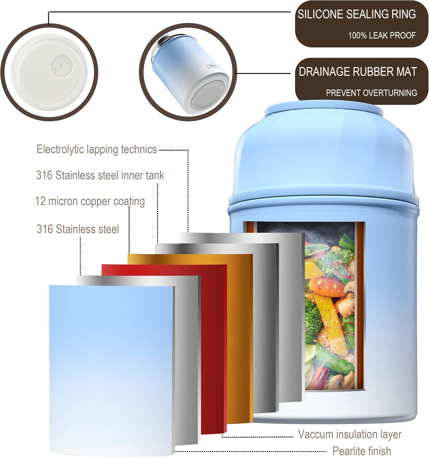 Soup Thermo for Hot Food & Drinks, Thermo Lunch Box for Kids, 17oz Vacuum Insulated Food Container with Spoon&&Drawstring Bag, Soup Therm for Adults, Blue&White