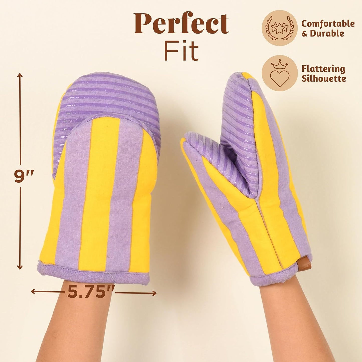 Folkulture Mini Oven Mitts Heat Resistant | (5.75x9) Set of 2 Purple Short Oven Mitts with Hanging Loop | 100% Cotton Oven Gloves or Kitchen Mittens | Small Oven Mitt Set or Yellow Silicone Oven Mit