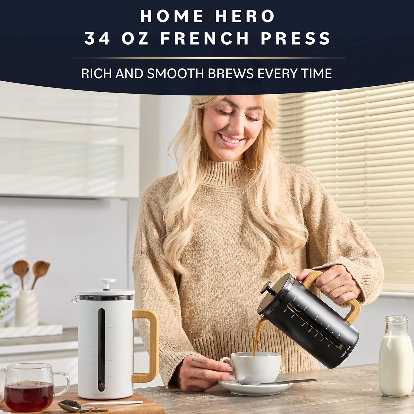 Home Hero French Press Coffee Maker - 34 oz Coffee Press with Bamboo Wood Handle, Heat Resistant Thick Borosilicate Glass French Presses, 4 Layer Filter, French Press Stainless Steel (Light Cream)