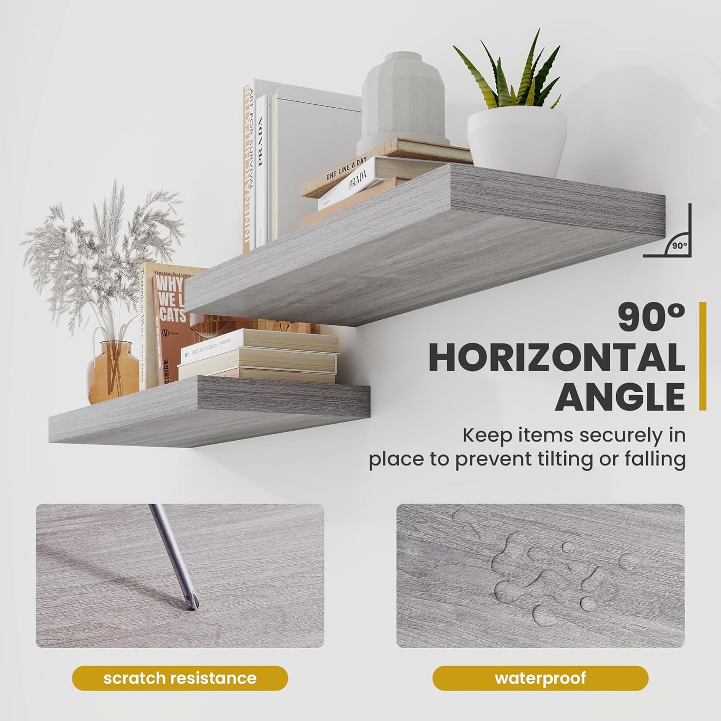 40 Inch Floating Shelves, 9.3" Deep Floating Shelf Wall Mounted, 40" Wall Shelves, Rustic Deep Bookshelf, Large Display Shelves & Storage Shelves for Bedroom, Living Room, Gray, Set of 2