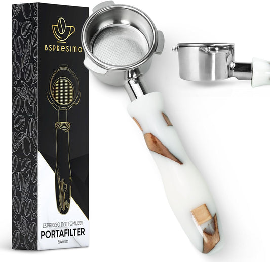 54mm Bottomless Portafilter Modern Handle – Includes Stainless Steel Naked Basket – Fits Breville Barista Express & 54mm Breville Espresso Machines - Espresso Machine Accessories – White