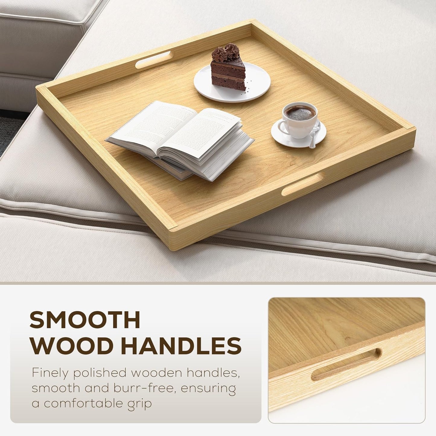 Axeman 20 Inch Large Square Wooden Ottoman Tray for Living Room|Extra Large Serving Tray with Handles for Coffee Table, Breakfast|Decorative Wood Tray for Ottoman Couch Sofa Kitchen|Natural