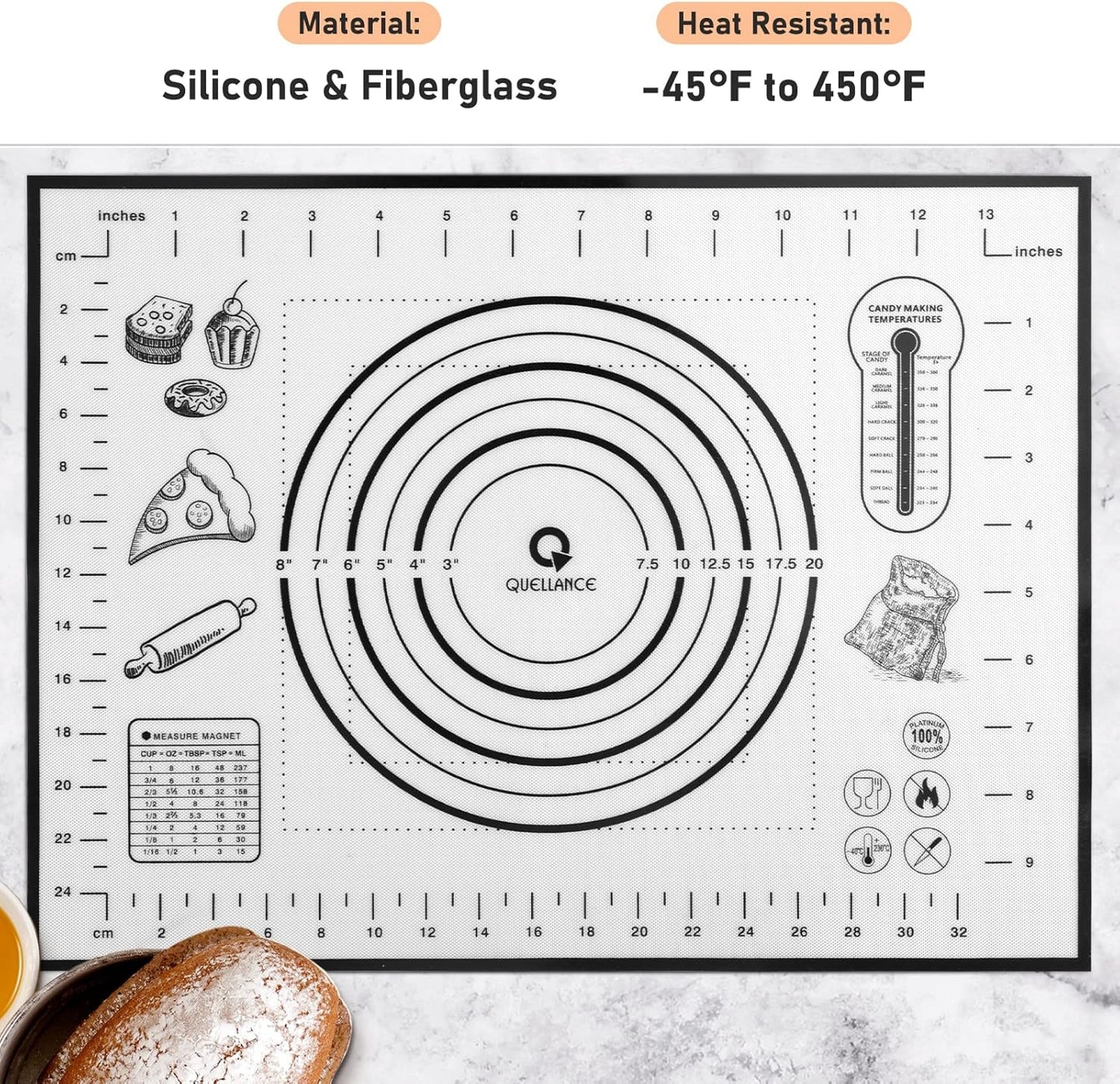 Silicone Pastry Mat with Measurement, Kids Baking Mat for Fondant, Rolling Dough, Pie Crust, Pizza and Cookies, Dough Mat, Counter Mat 12" x 16", Black