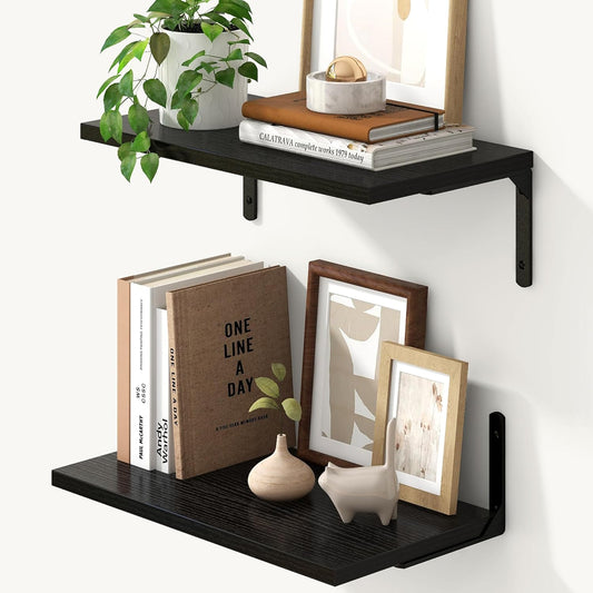 Fun Memories Deep Floating Shelves, 16W x 8D Floating Shelves Set of 2, Wall Mounted Shelf with Metal Brackets, Rustic Wood Wall Shelf for Bathroom, Kitchen and Living Room, Black
