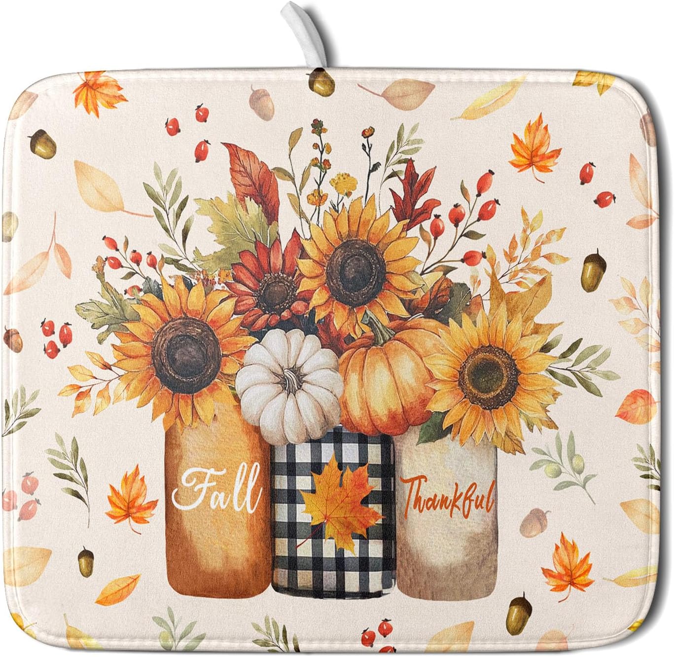 Autumn Sunflowers Vase Dish Drying Mat for Kitchen Counter,Fall Pumpkin Maple Leaves Drying Mat 16 x 18 Inch with High Absorbent Microfiber Dish Drying Drainer Mat for Coffee Bar
