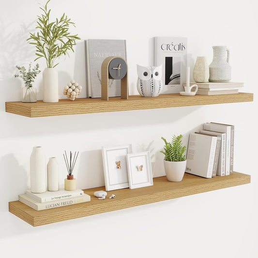 Fun Memories 48 Inch Deep Floating Shelves for Wall, 2 Pack of Long Wall Mounted Wood Shelves with Invisible Brackets for Bathroom, Bedroom, Living Room, Kitchen Decor and Storage, Oak