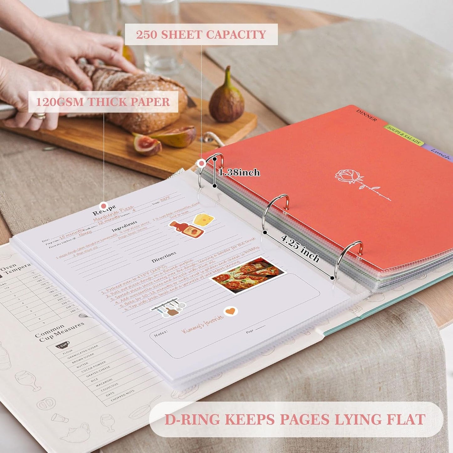 Lanpn Recipe Binder 8.5x11 3 Ring Kit, Waterproof Organizer Binder Recipe Book with 60 Plastic Sleeves,116 Recipes, Dividers,Labels & Stickers, Blank Cookbook to Write in Your Own Recipes, Leaf