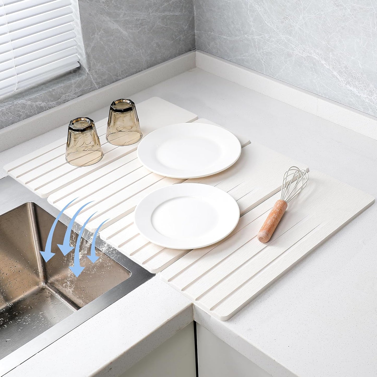 Extral Large Quick Dry Stone Drying Mat for Kitchen Counter,28x16 Inch Collapsible Eco-Friendly Absorbent Diatomaceous Earth Mat for Dishes Cups (White-Upgraded Version, 24x16 inch)