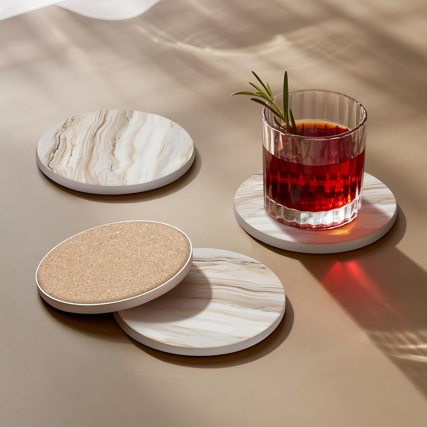 VEYRO Coasters Set of 6 for Drinks – Absorbent Ceramic Stone Drink Coasters with Cork Backing for Coffee Table & Desk, Modern Marble Look Cup Coaster Set, Housewarming Gift for New Home