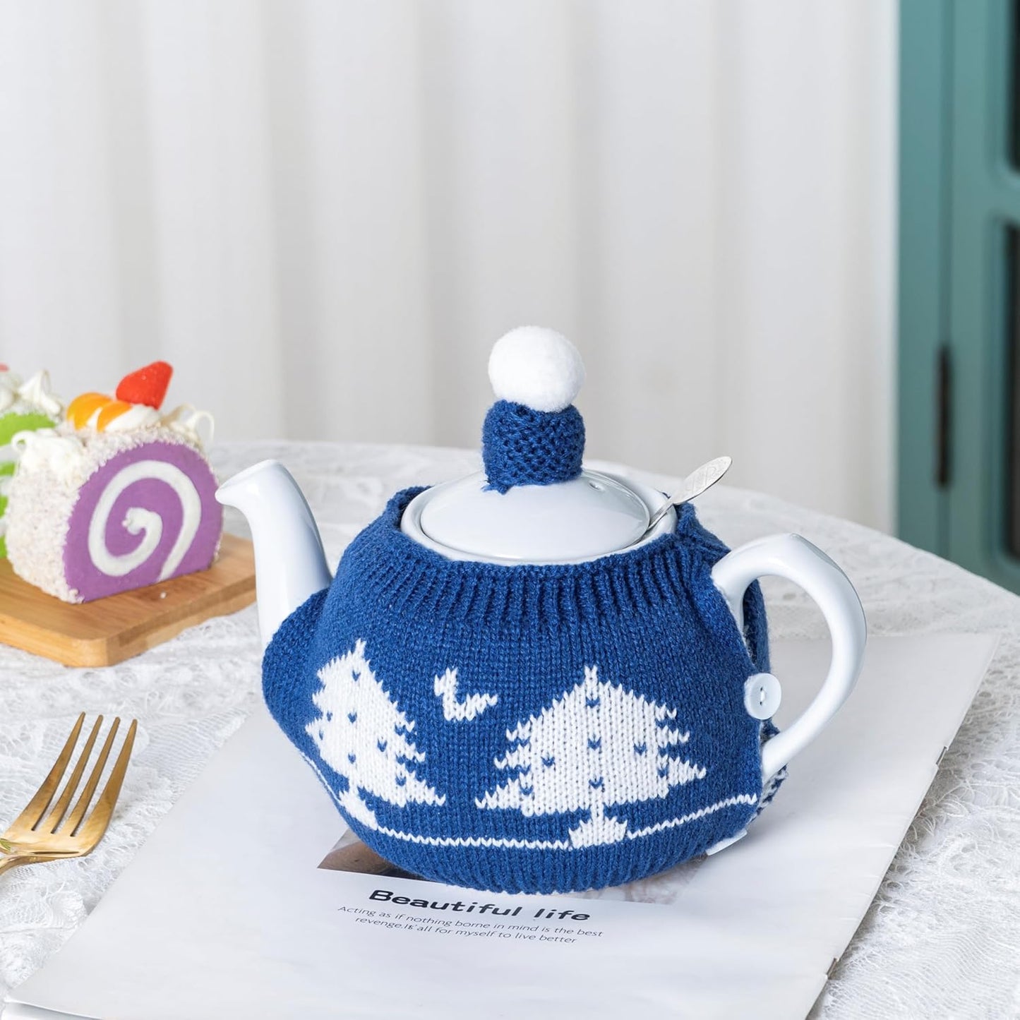 Tea Cozy Suitable for a 600ml,20oz Tea Pot,Teapot Warmer -100% Acrylic Fibers Filling,Two Piece (Blue Tree)