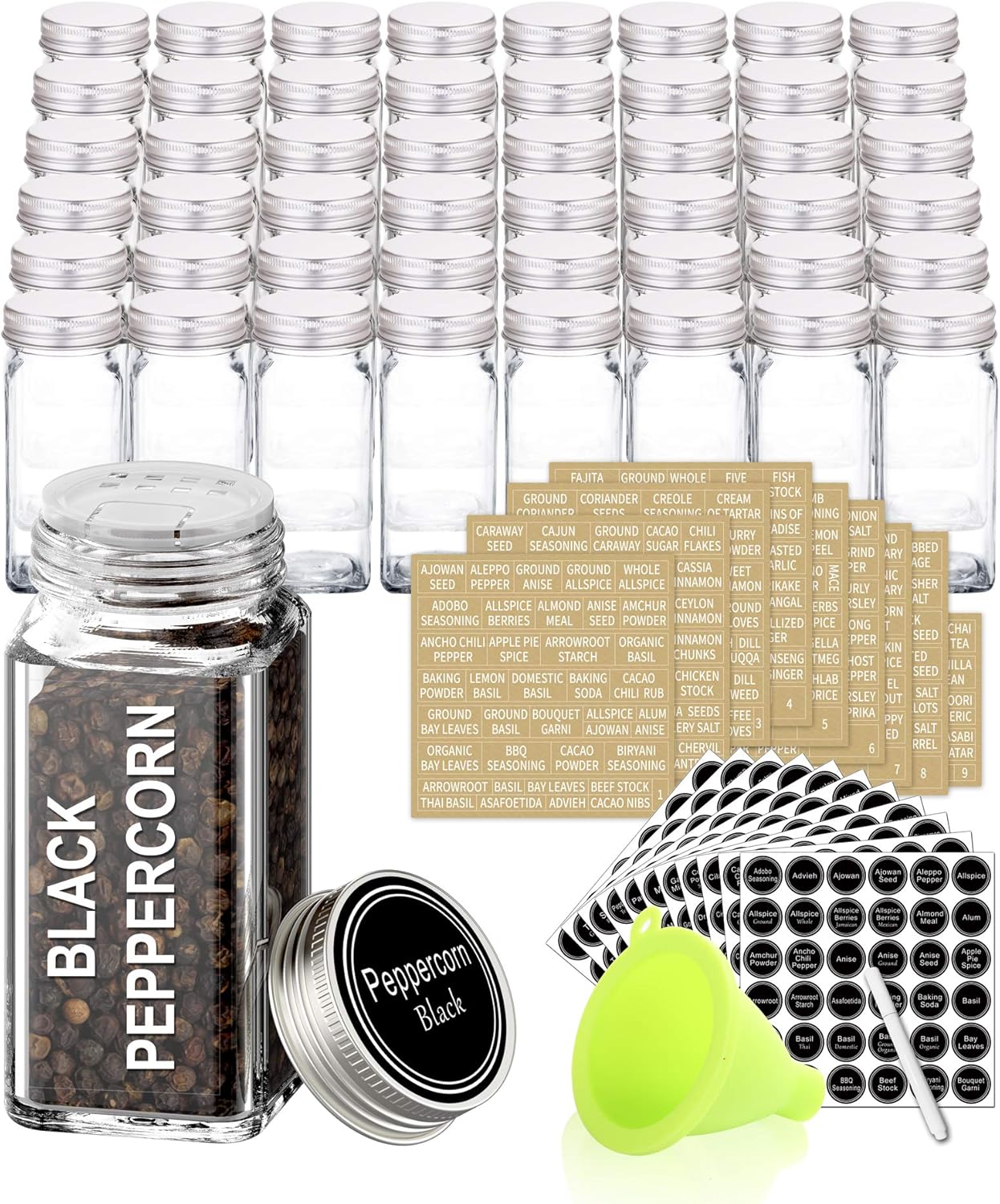 SWOMMOLY 48 Glass Spice Jars with 713 Spice Labels, Chalk Marker and Funnel Complete Set. 48 Square Glass Jars 4OZ, Airtight Cap, Pour/sift Shaker Lid