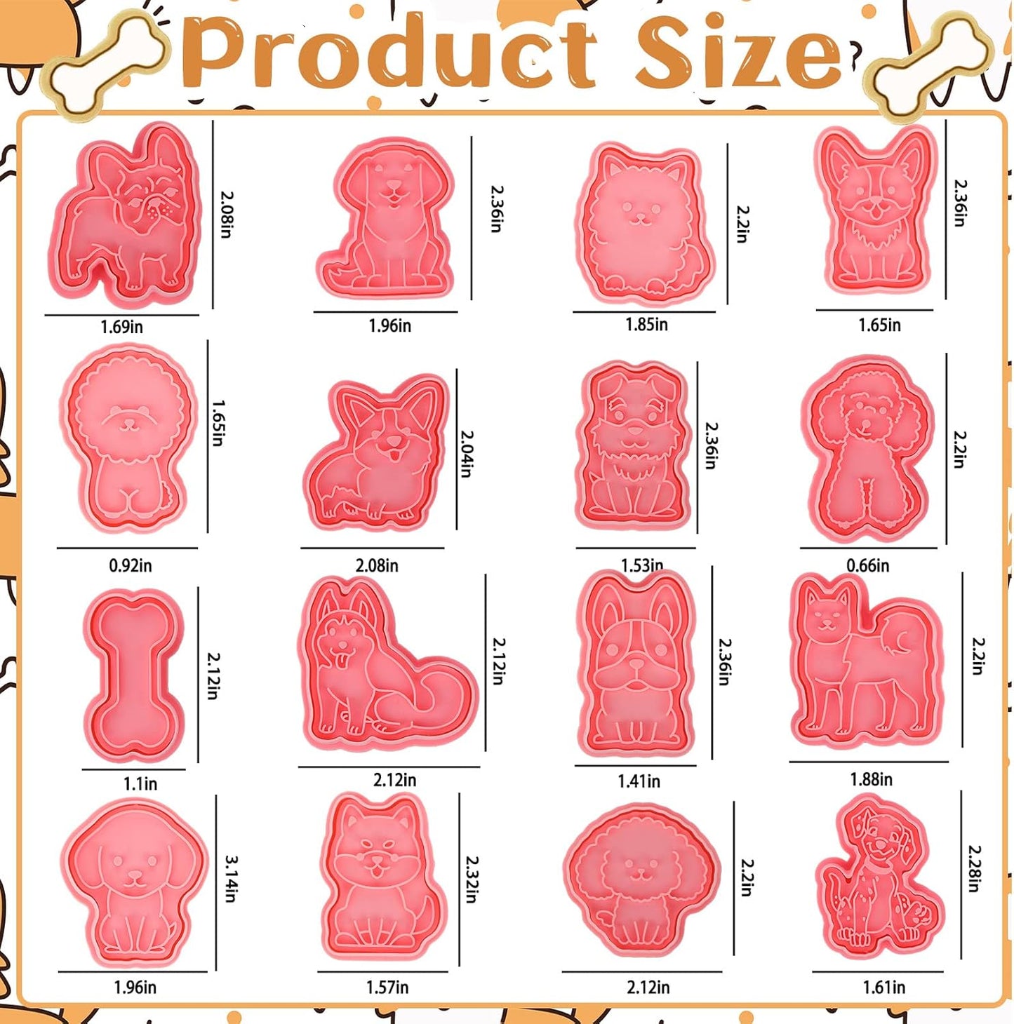 16 Pcs Dog Cookie Cutters with Plunger Stamps Set 3D Puppy Bone Shape Biscuit Cutter Funny Cartoon Cookie Stamps Stamped Embossed Dog Cookie Cutters for Treats DIY Cookie Cake Baking Supplies