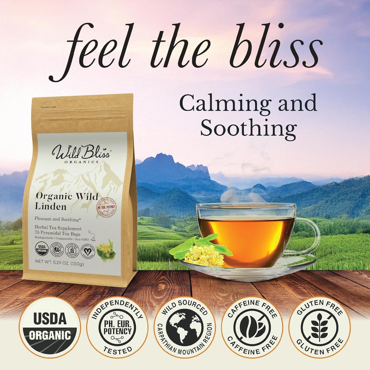 Wild Bliss Organic Linden Flower Tea - Caffeine Free Calming Herbal Tea - 75 Plant Based Tea Bags