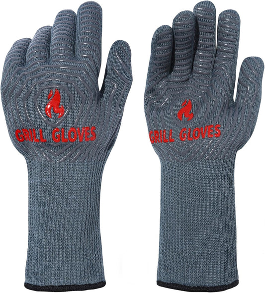 QUWIN BBQ Gloves, Oven Gloves 1472℉ Extreme Heat Resistant, Grilling Gloves Silicone Non-Slip Oven Mitts, Kitchen Gloves for BBQ, Grilling, Cooking, Baking-1 Pair… (Grey, One Size(Long Cuff))