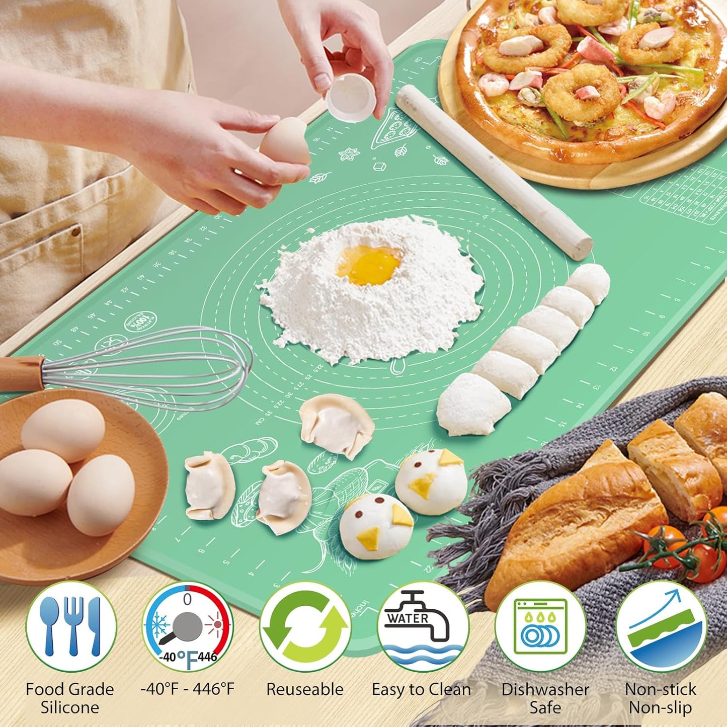Silicone Pastry Mat 32" x 24" Extra Thick Non Stick Baking Mat with Measurements and Edge Heightening, Food Grade Silicone Rolling Mat for Pastry, Bread, Cookies, Pizza, Fondant, Pasta
