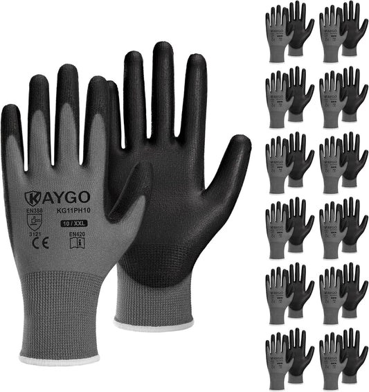 KAYGO Safety Work Gloves PU Coated-12 Pairs, KG11PB, Seamless Knit Glove with Polyurethane Coated Smooth Grip on Palm & Fingers, for Men and Women(X-Large (Pack of 12), Grey)