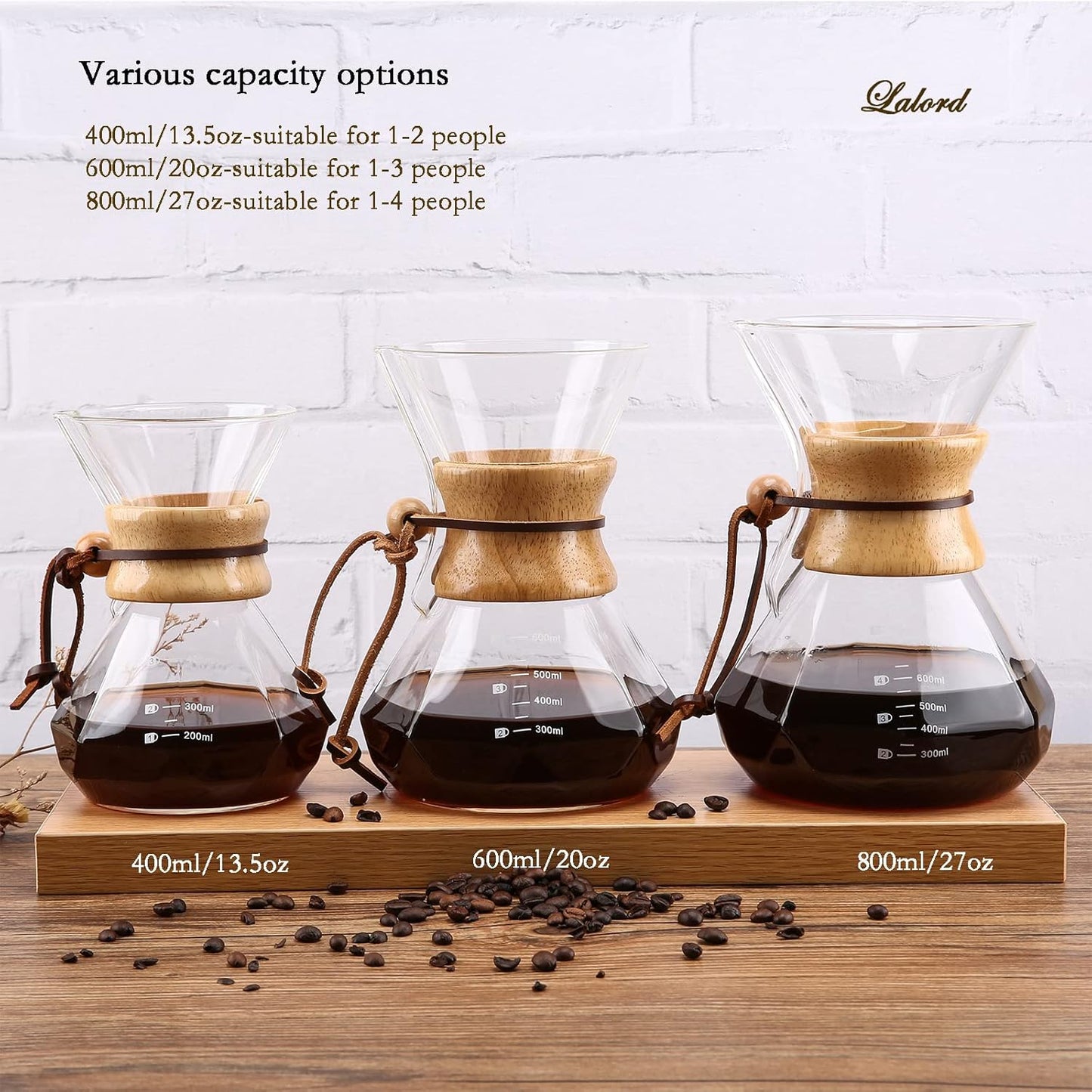 Pour Over Coffee Maker with Stainless Steel Filter, 20 oz Borosilicate Glass Coffee Carafe, Wooden Collar, Coffee Maker Carafe, Hold 3-4 Cups, 600 ml, Clear