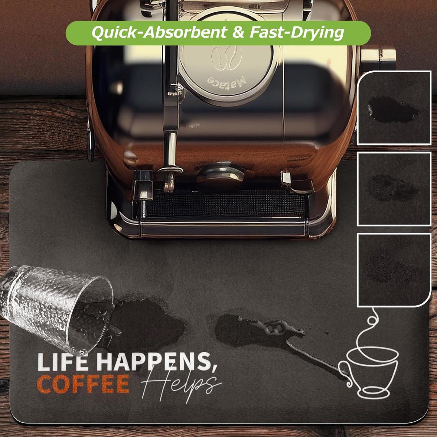 Matace Designer Coffee Bar Mat, Large 16 x 24 Inches, Rubber Backing, Absorbent Coffee Maker Mats for Dish Drying, Kitchen Countertop, Life Happens Coffee Helps, Black