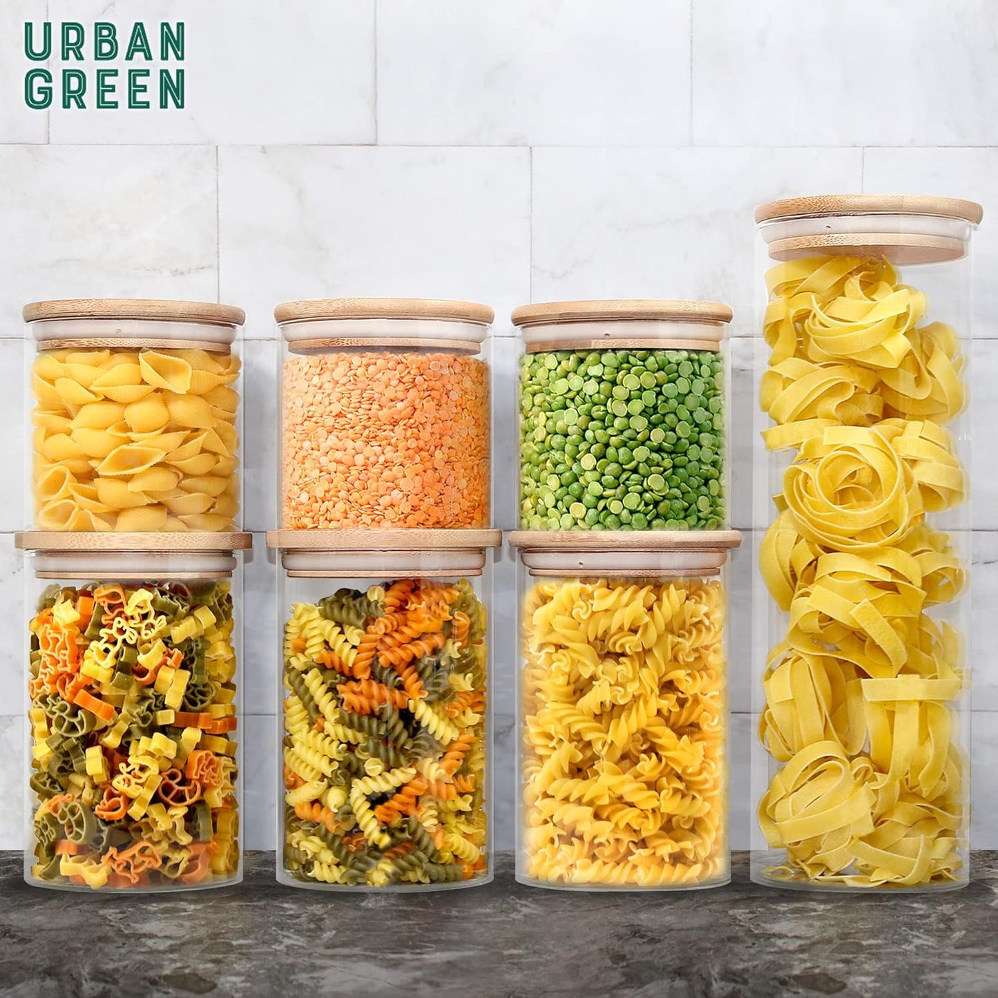 Urban Green Glass Jars with Bamboo Lids, Glass Airtight Canisters sets, Food Storage Container, Pantry Organization and Storage Jars, Kitchen Canisters Sets, Flour Containers of 6