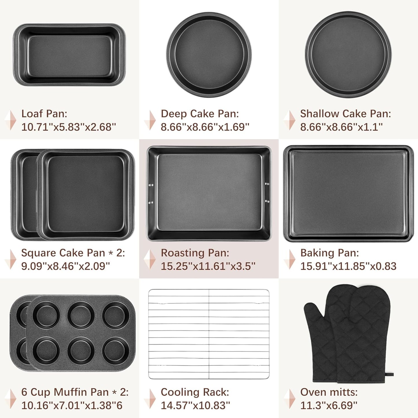 12PCS Nonstick Baking Pans Set - Stackable Bakeware Sets with Wider Grip, Carbon Steel Baking Set Including Cookie Sheets for Baking, Muffin Pan, Loaf Pan, Cake pan, Roasting Pan, Oven Mitts