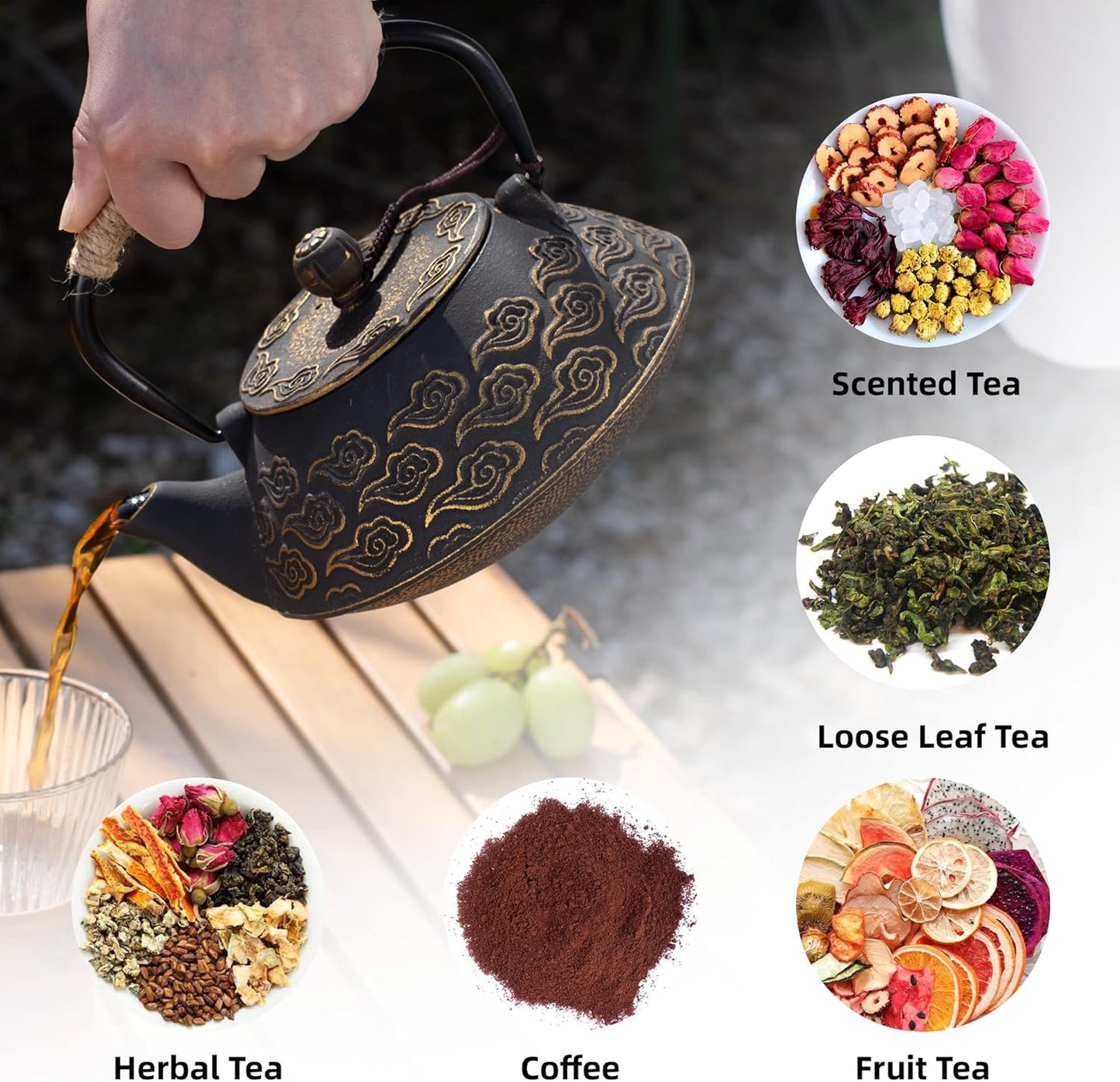 Cast Iron Teapot, Japanese Tea Pot with Infuser for Loose Leaf, Tea Kettle Stovetop Safe Coated with Enameled Interior, Clouds Pattern 27oz, 800ml Black