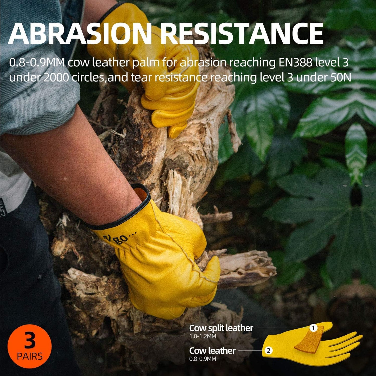 Vgo 3-Pairs Unlined Cow Grain Leather Work and Driver Gloves with Cow Split Leather Palm Patch (Size XL, Gold,CA9590)