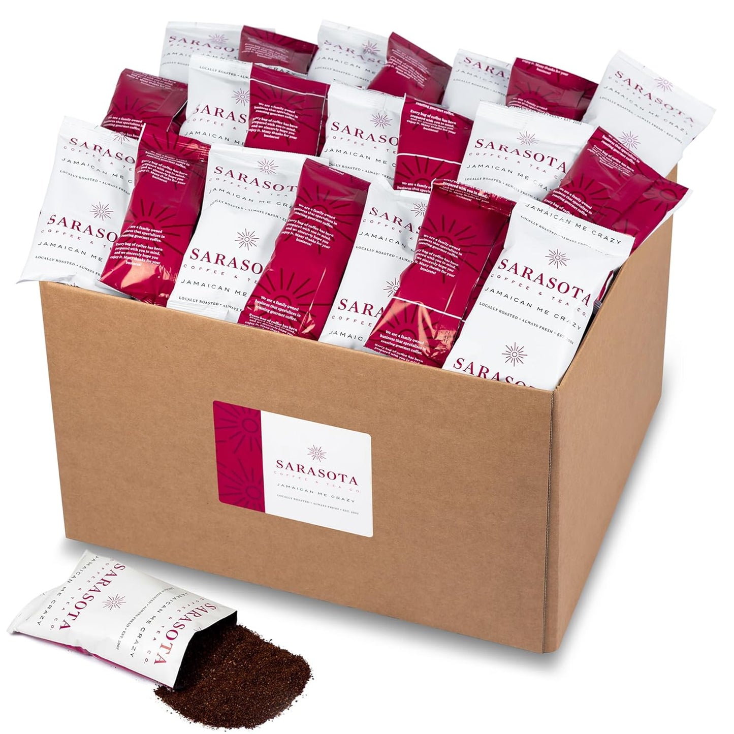 Sarasota Coffee Packs Bulk Ground Packets | Jamaican Me Crazy Flavored | Gourmet Assorted Gift Sampler | Low Acid Mold Free Individual Pouches for 12 Cup Coffee Maker | 1.75 Oz Bags, 100 Count