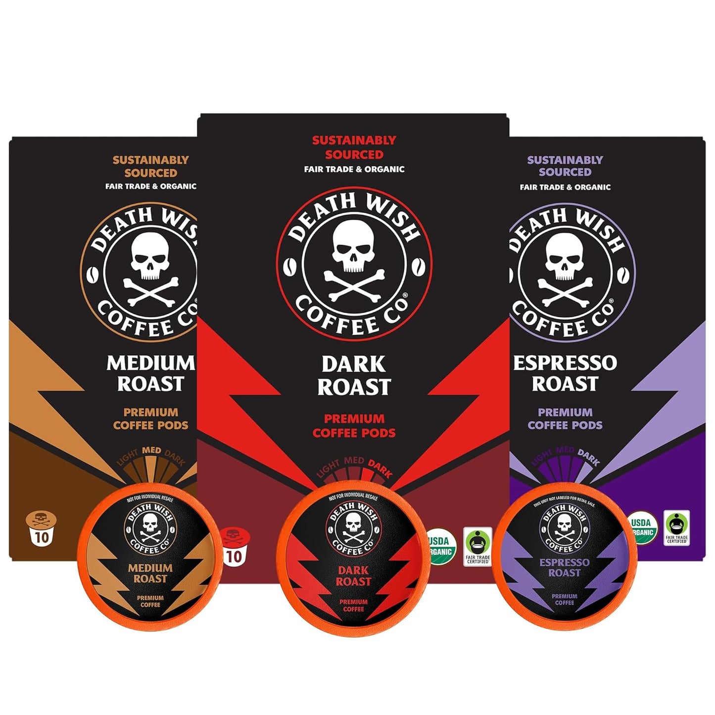 Death Wish Coffee, Single Serve Coffee - 10 Each of Medium, Dark, and Espresso Roast - Mixed Roast Variety Pack
